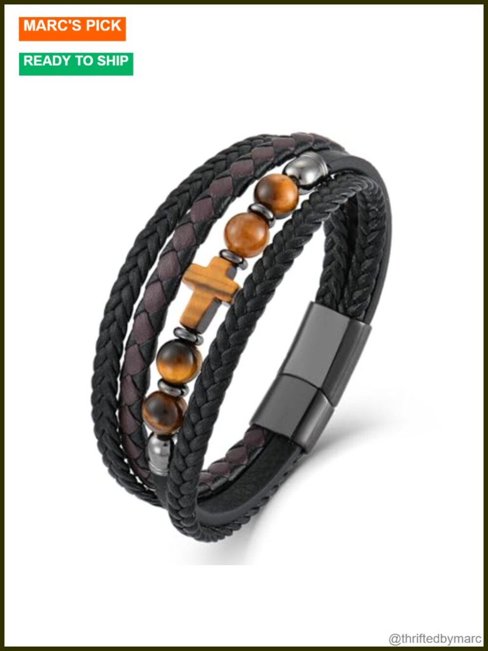 Men's Leather Braided Cross Cuff Bracelet Tiger Eye Beads Adjustable